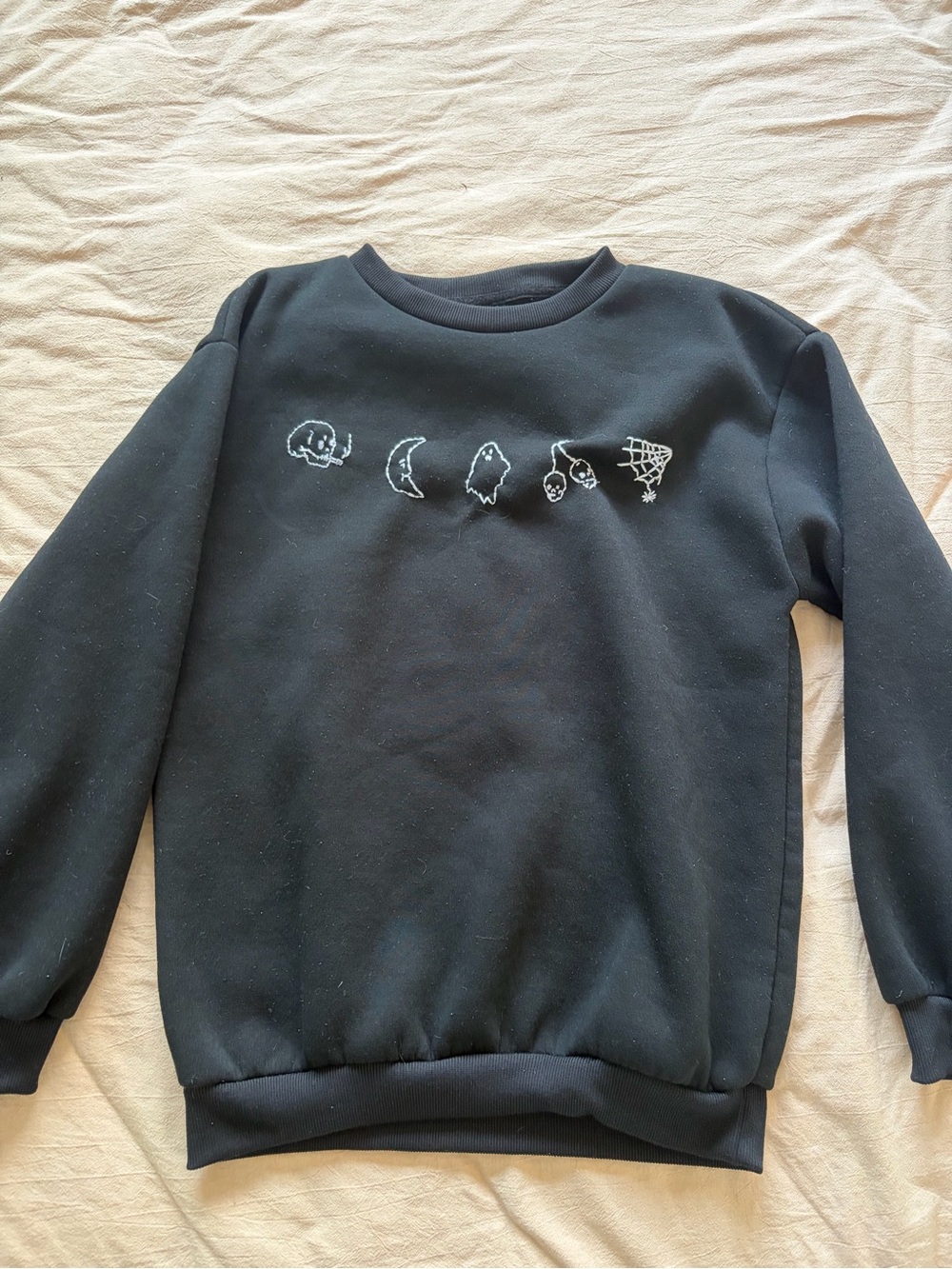 Black Crewneck Sweater with hand Embroidered Icons